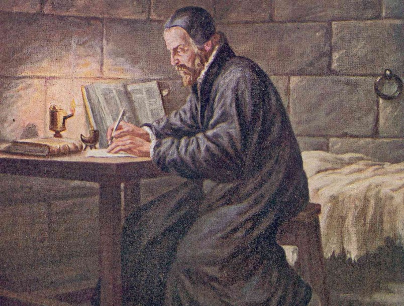 Painting of William Tyndale translating the Bible by candlelight